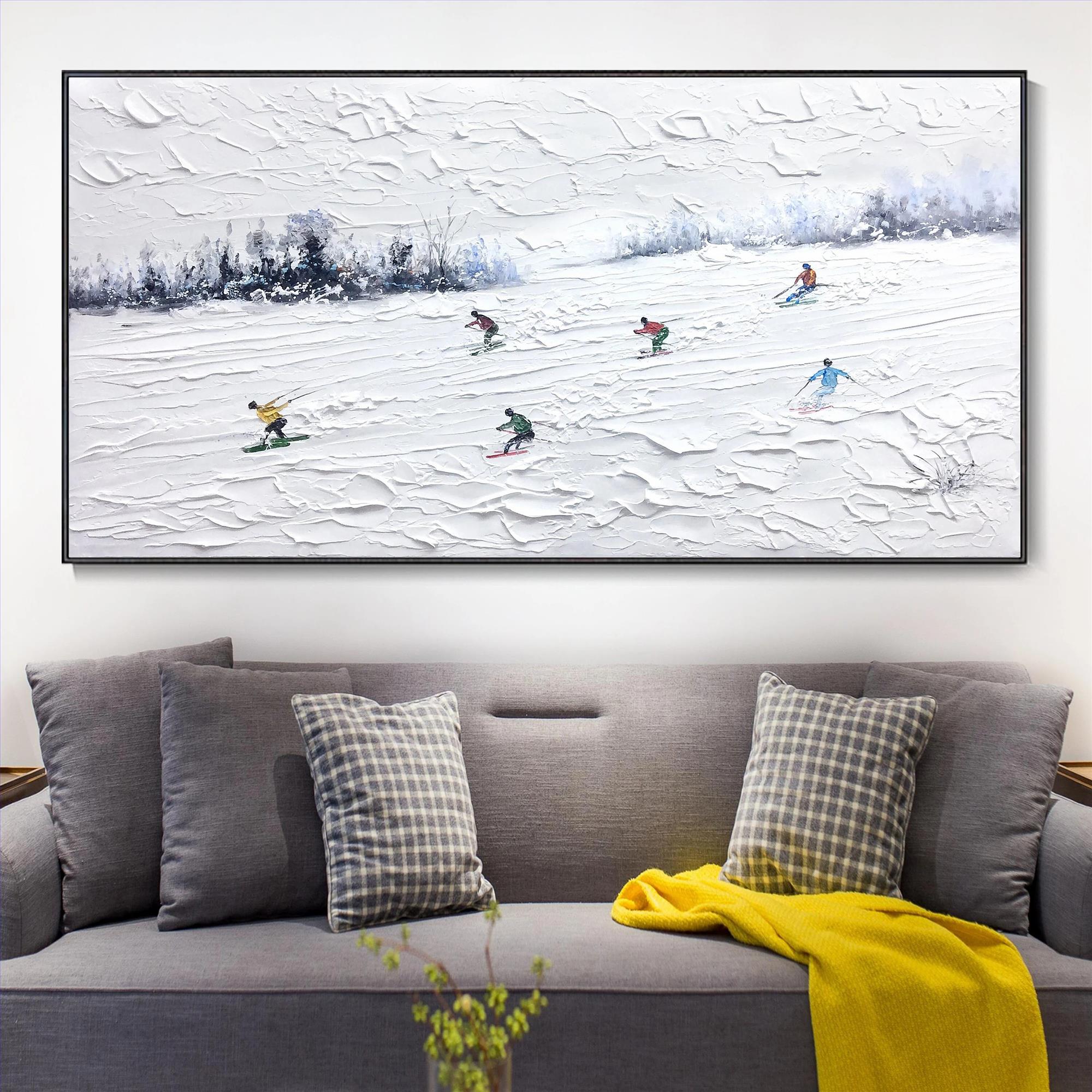Skifahrer auf Schneebedeckter Berg Wandkunst Sport Weißer Schnee Skifahren Zimmerdekoration von Messer 19 Ölgemälde